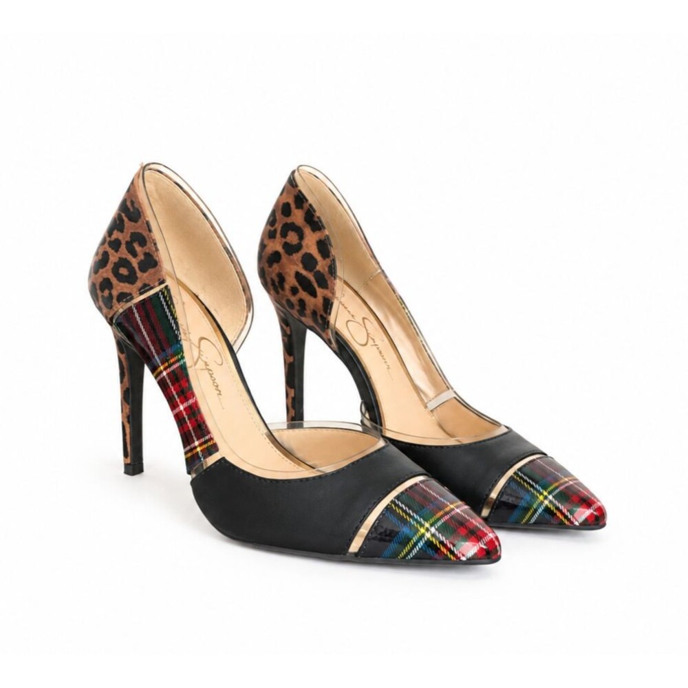Jessica Simpson Plaid Leopard Heels Women 7.5 Stiletto Pumps Holiday Party